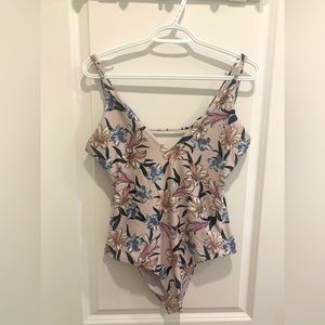 O’Neill, purple, floral, one piece bathing suit.